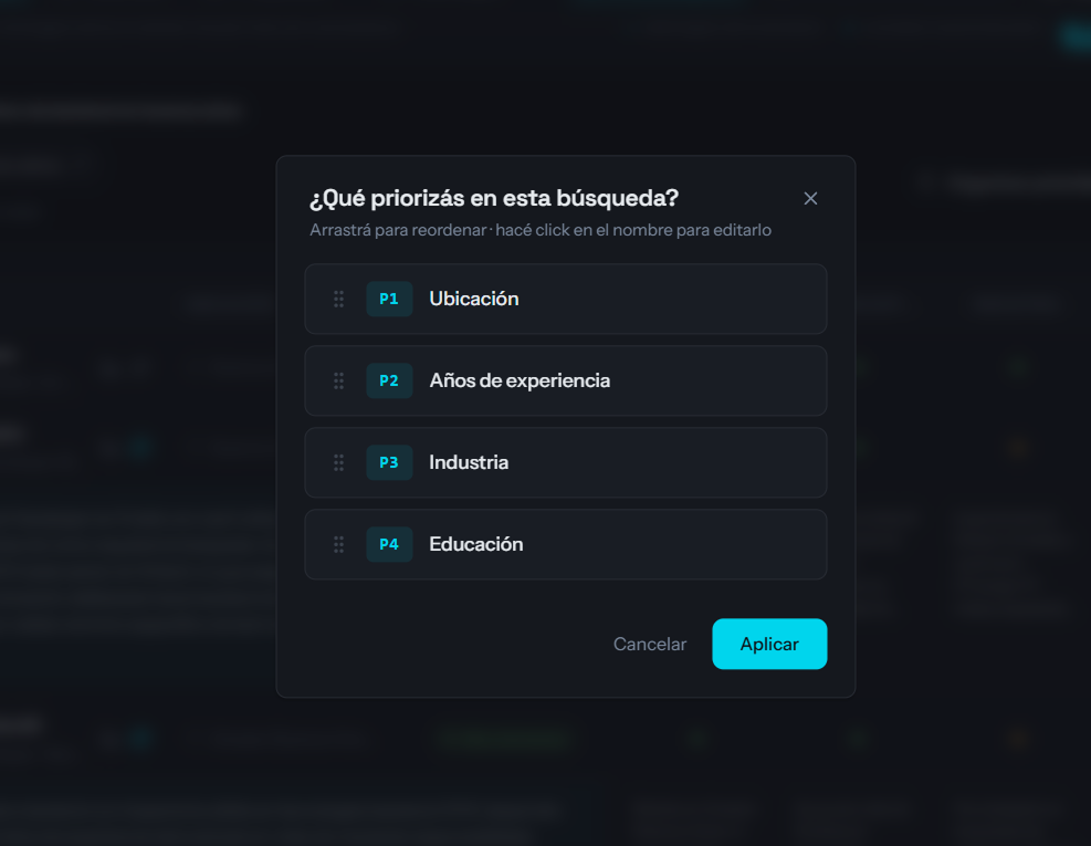 Los criterios y sus pesos: reordenar aquí no consume créditos.