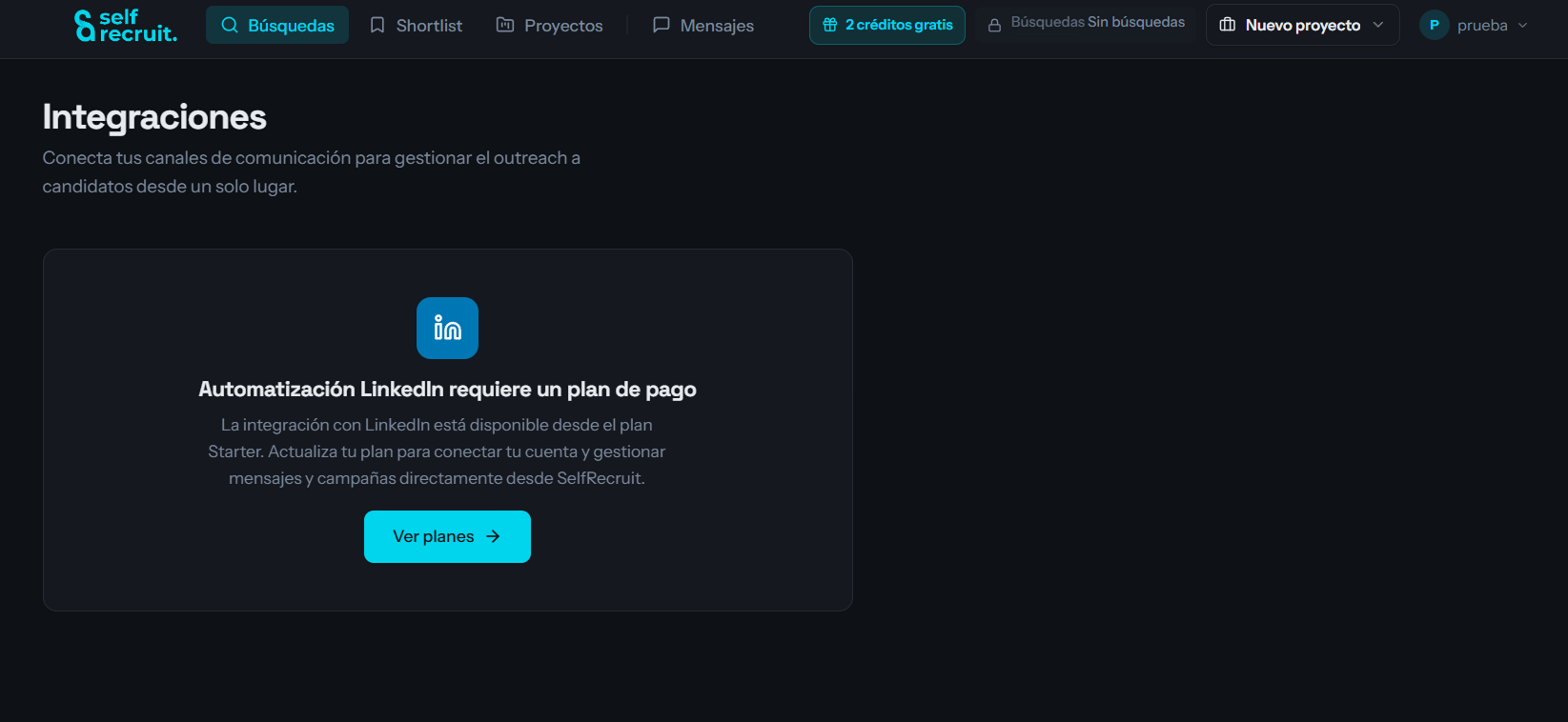 La pantalla de Integraciones, donde se conecta LinkedIn.